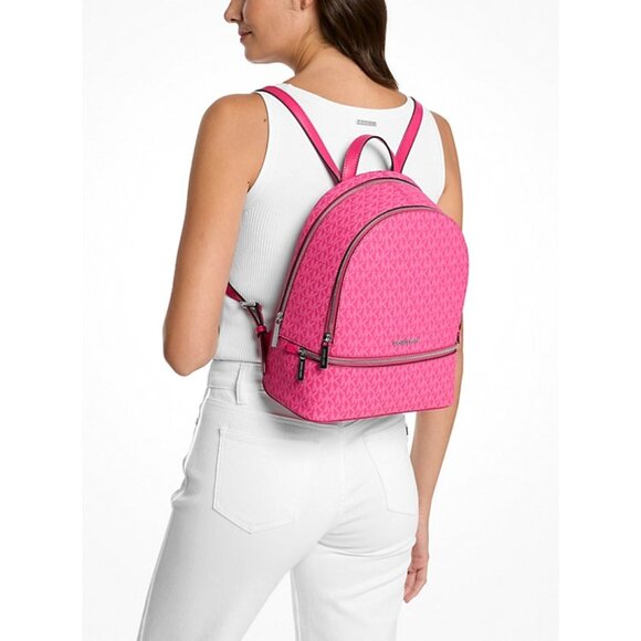 New Michael Kors Rhea Medium Signature Logo Backpack Dragon Fruit - Picture 2 of 4